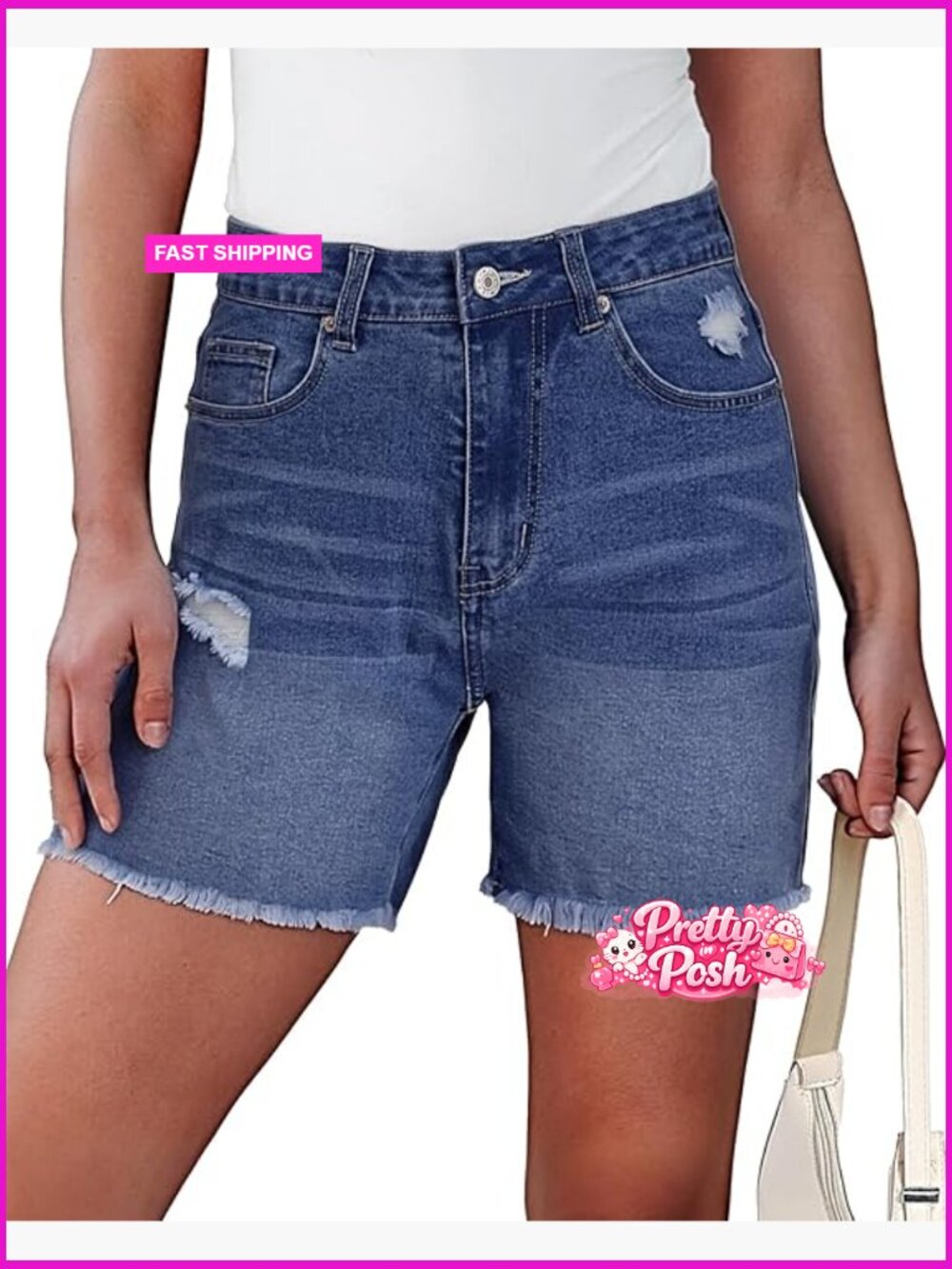 Women High Waisted Stretchy Ripped Denim Shorts Jorts with Raw Hem